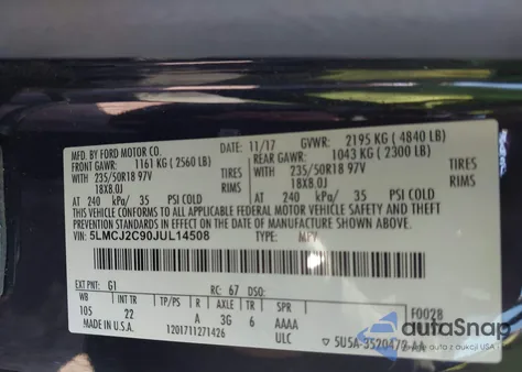 2018 Lincoln Mkc Select из США, поврежденный, VIN 5LMCJ2C90JUL14508